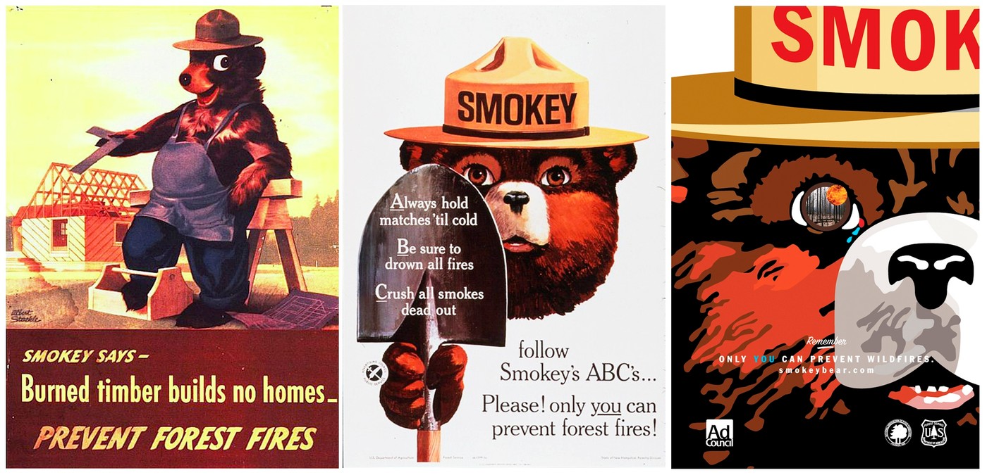 Smokey Bear is pictured in a series of US Forest Service posters (L-R 1945,...
