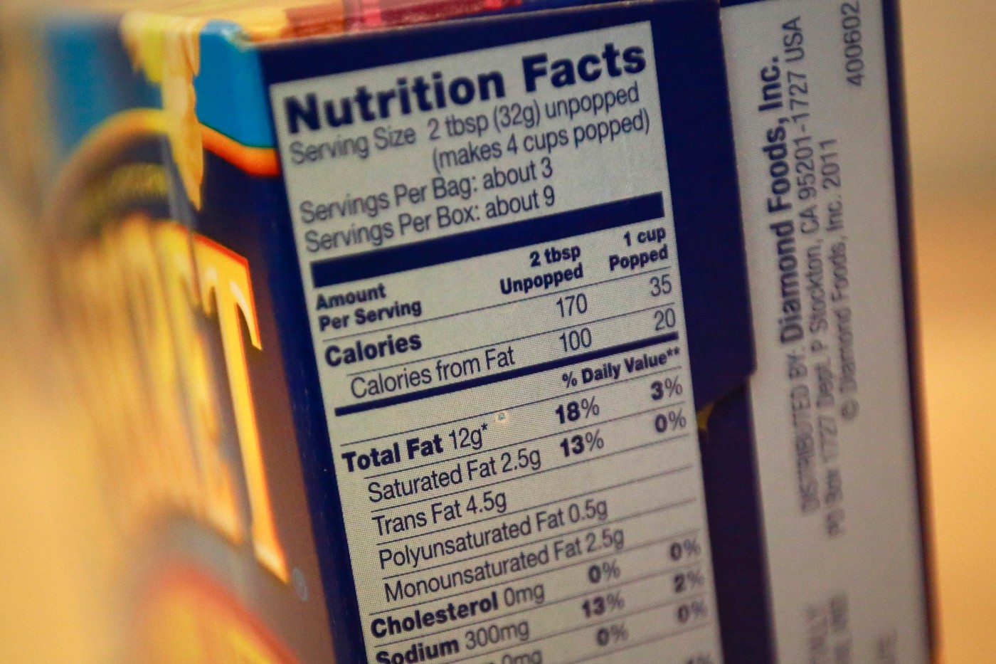 Nutrition facts are seen on a Diamond Food's Pop Secret ...