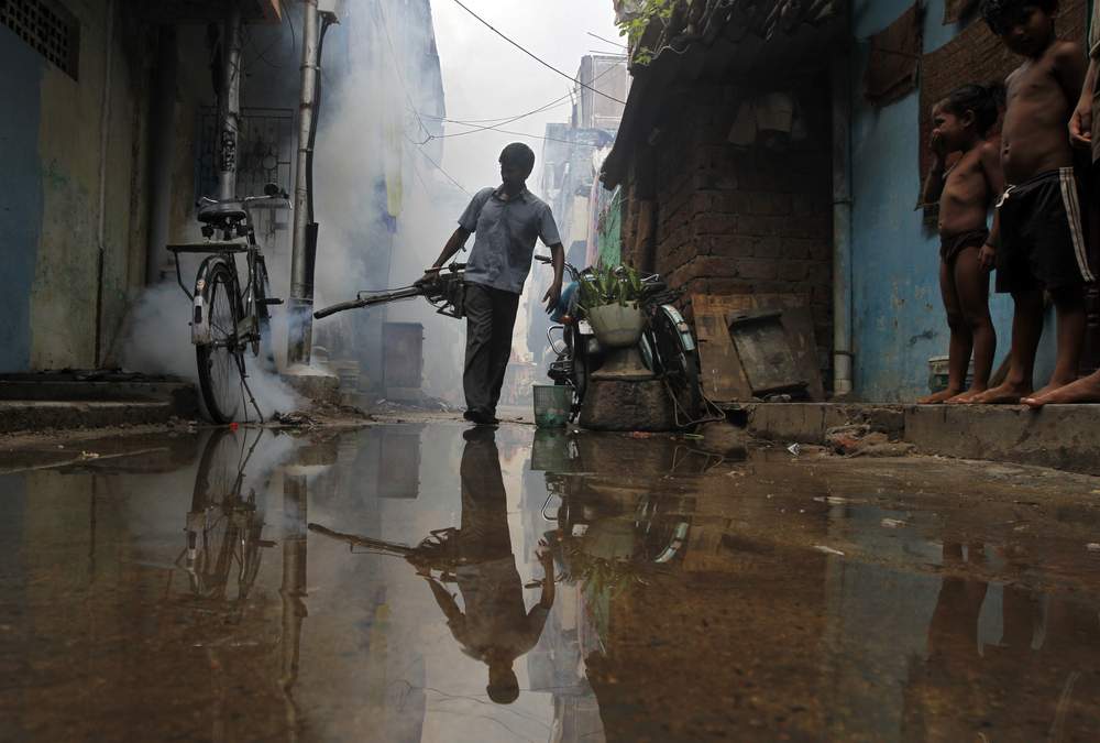 A worker fumigates a residential area in the southern Indian city of Chennai, October 25, 2012. REUTERS\/Babu